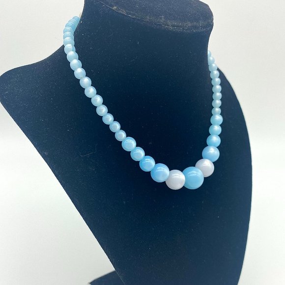 1930s Light Blue Beaded Necklace with Matching Earrings- Choker Length - Picture 2 of 7